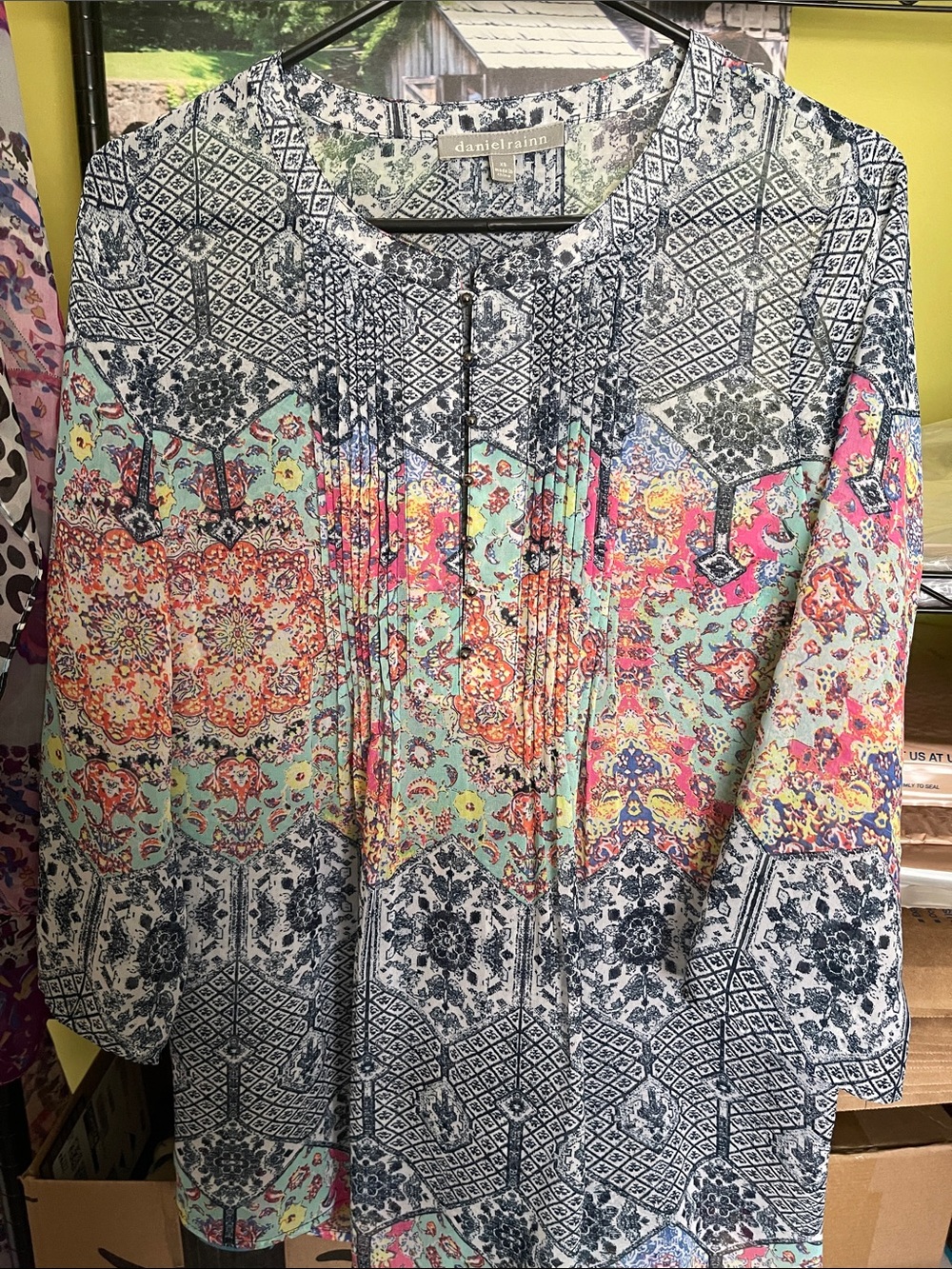 Daniel Rainn Multicolor Printed Peasant Tunic - Mint, Coral & Navy